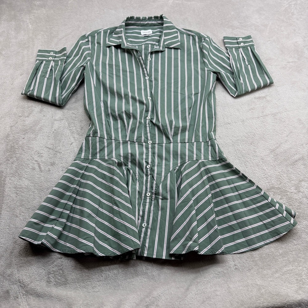 Saylor Naeem Shirt Dress Womens Large Green Striped Button Front Chic Preppy